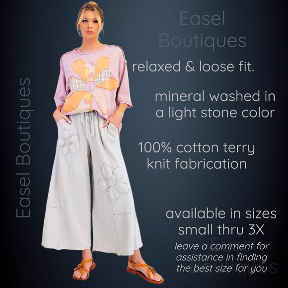 EASEL “Flower Path” Mineral Washed Pants Wide Leg Cozy Relax Fit Raw Seams, Hems - Picture 11 of 14